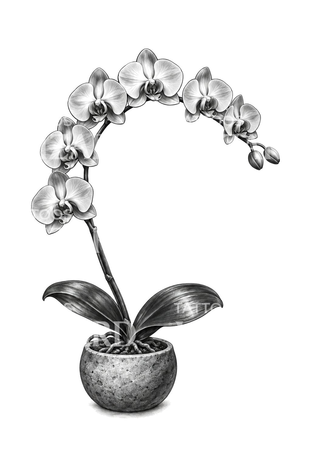 Potted Orchid Arching Spike Tattoo Illustration