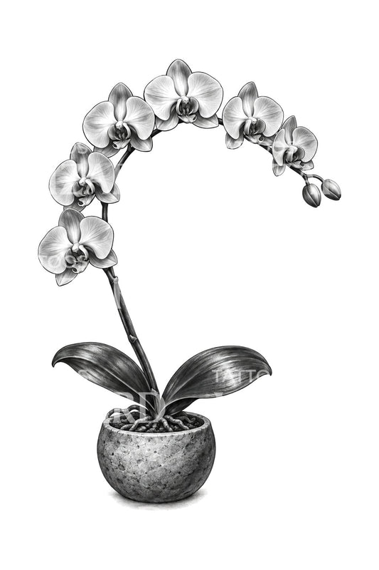 Ilustrace tetování orchideje v květináči s obloukovým stonkem