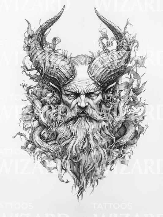 Powerful Druid Head Tattoo Design in Black & Grey