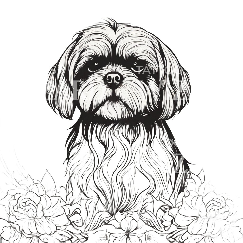 Shih Tzu Dog with Floral Patterns Circle Tattoo Design – Tattoos Wizard ...