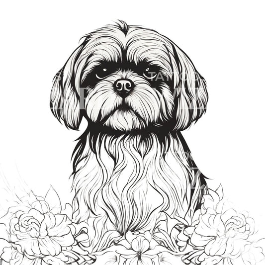 Shih Tzu Dog with Floral Patterns Circle Tattoo Design