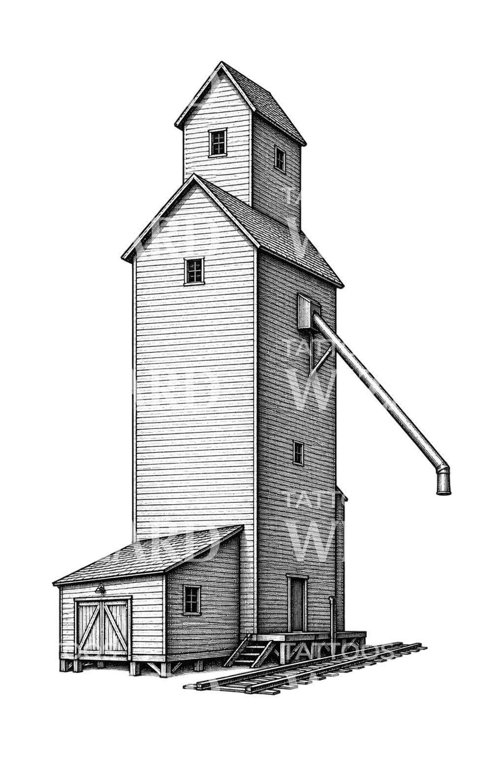 Prairie Timber Grain Elevator Tattoo Illustration