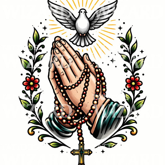 Praying Hands Rosary Tattoo Design
