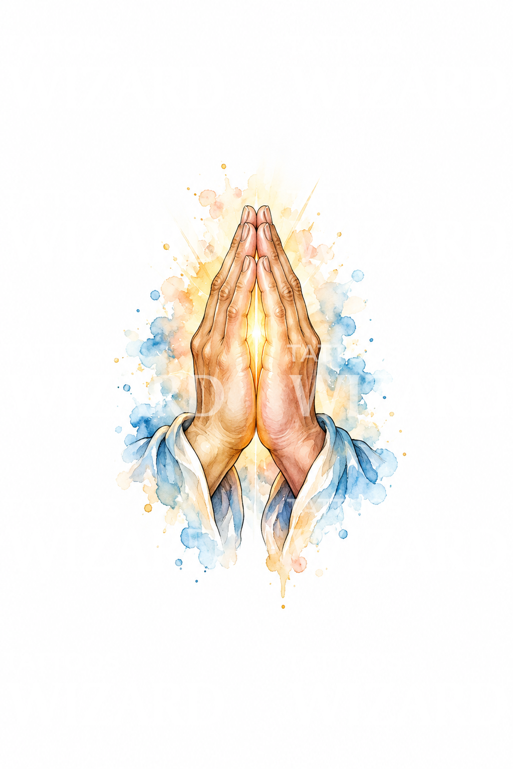 Praying Hands with Glowing Light Watercolor Tattoo Idea