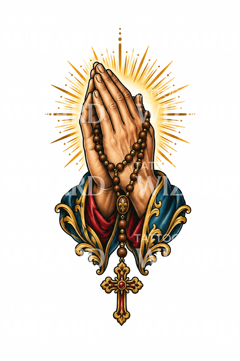 Praying Hands with Rosary and Golden Rays Tattoo Design