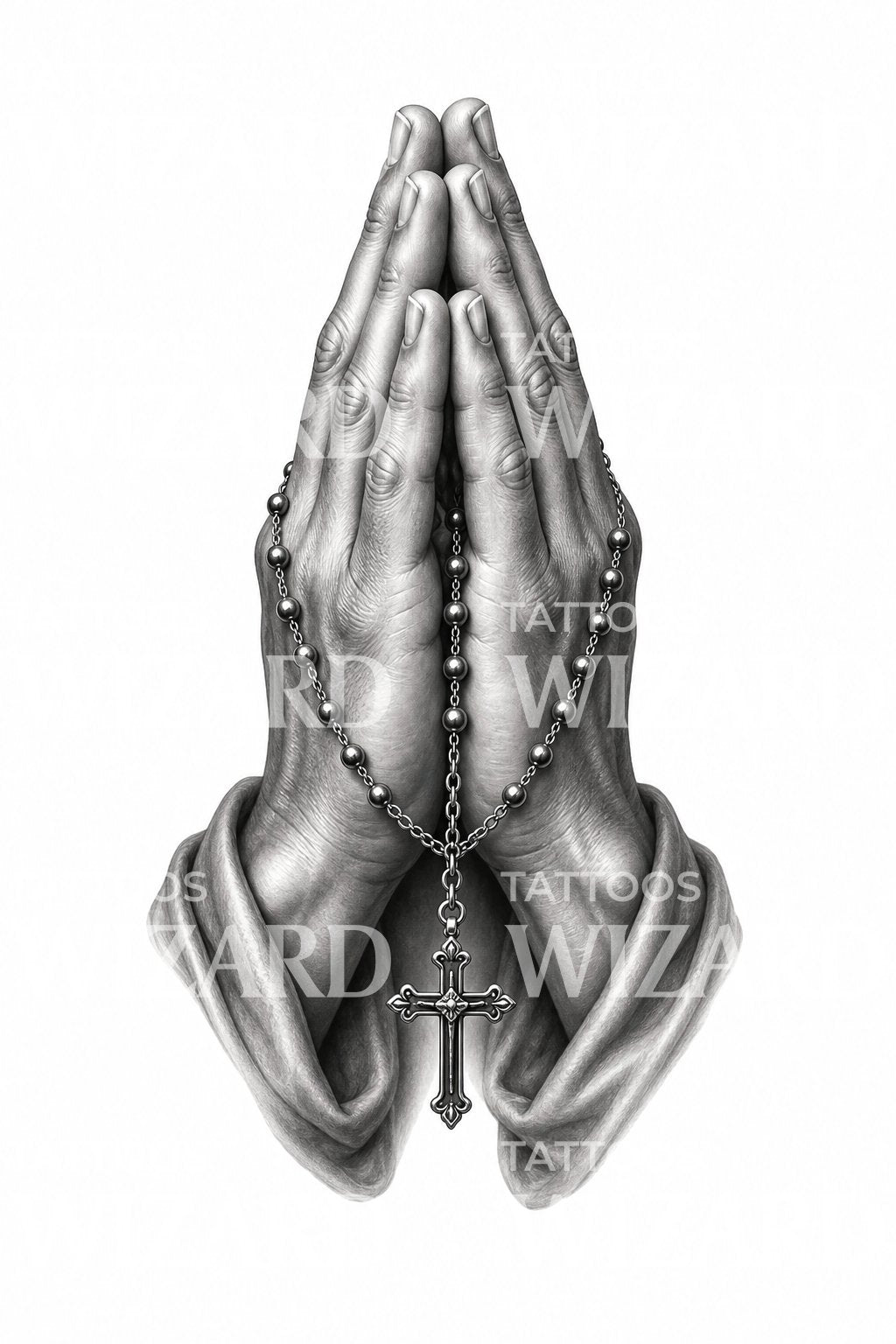 Tattoo-design med bedende hænder og rosenkrans