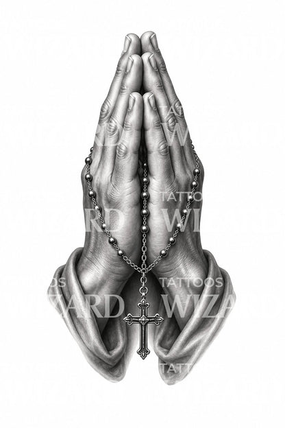 Tattoo-design med bedende hænder og rosenkrans
