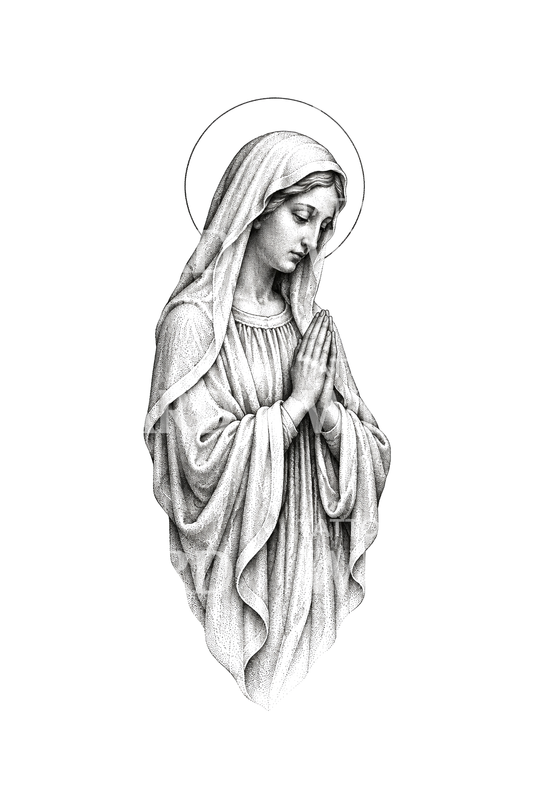 Madonna orante in marmo puntinato, design per tatuaggio