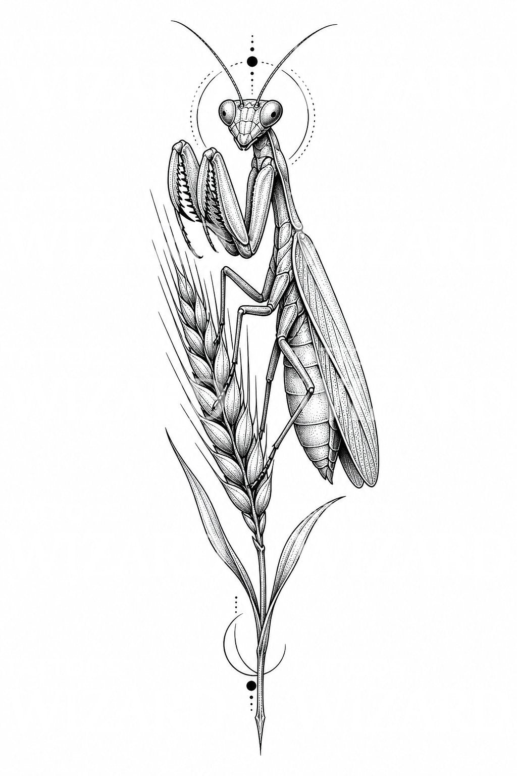 Ilustracja tatuażu modliszki z pszenicą