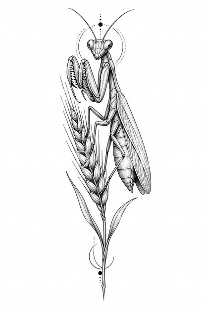 Ilustracja tatuażu modliszki z pszenicą