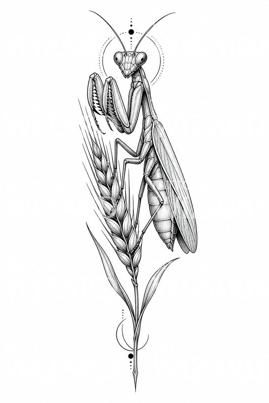 Illustration de tatouage mante religieuse et blé
