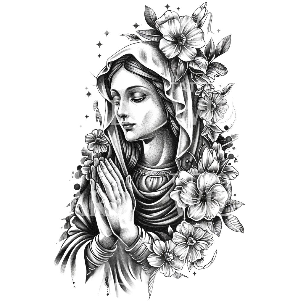 Conception de tatouage de saint et de fleurs en prière