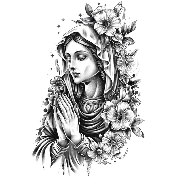 Praying Saint and Flowers Tattoo Design – Tattoos Wizard Designs