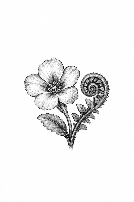 Tätowiermotiv mit Primel und Farn-Spross in Dotwork