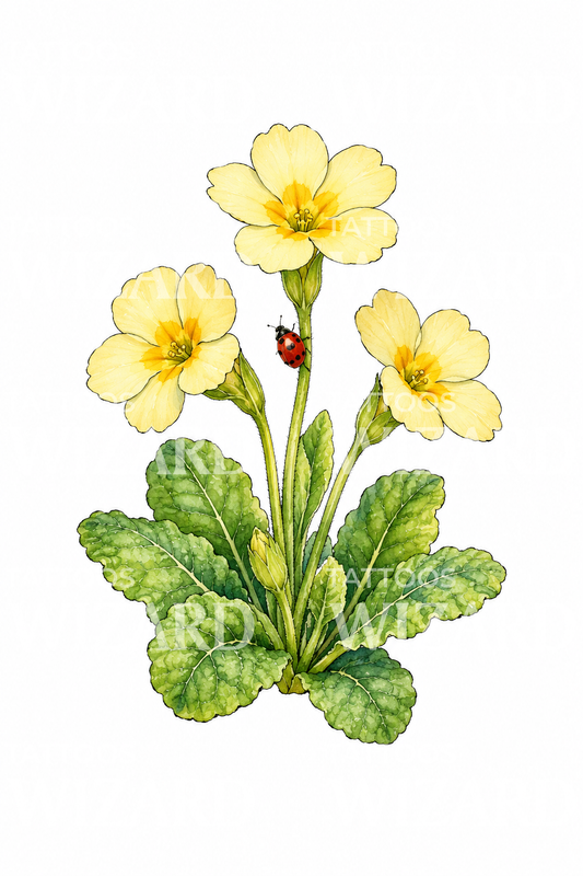 Aquarel-tattoo-ontwerp met sleutelbloem en lieveheersbeestje