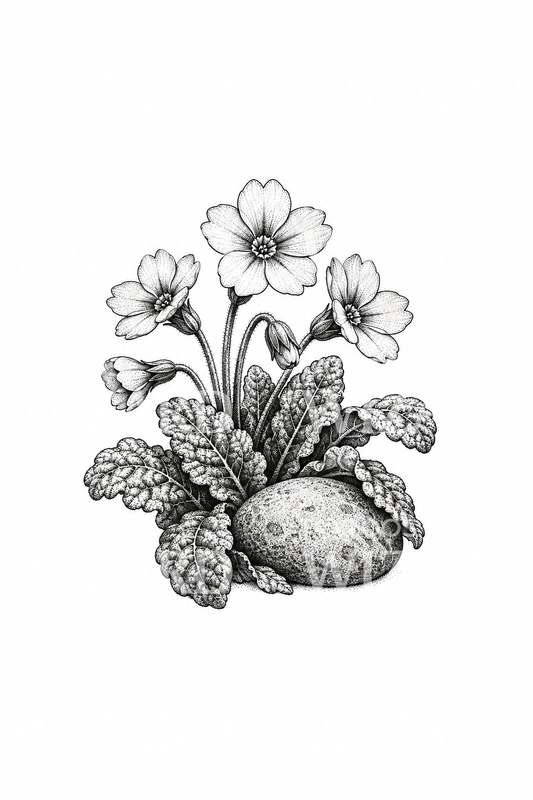 Primrose Cluster around a River Stone Tattoo Design