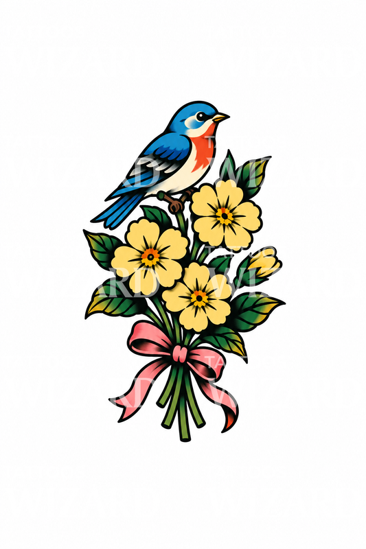 サクラソウの花束と青い鳥