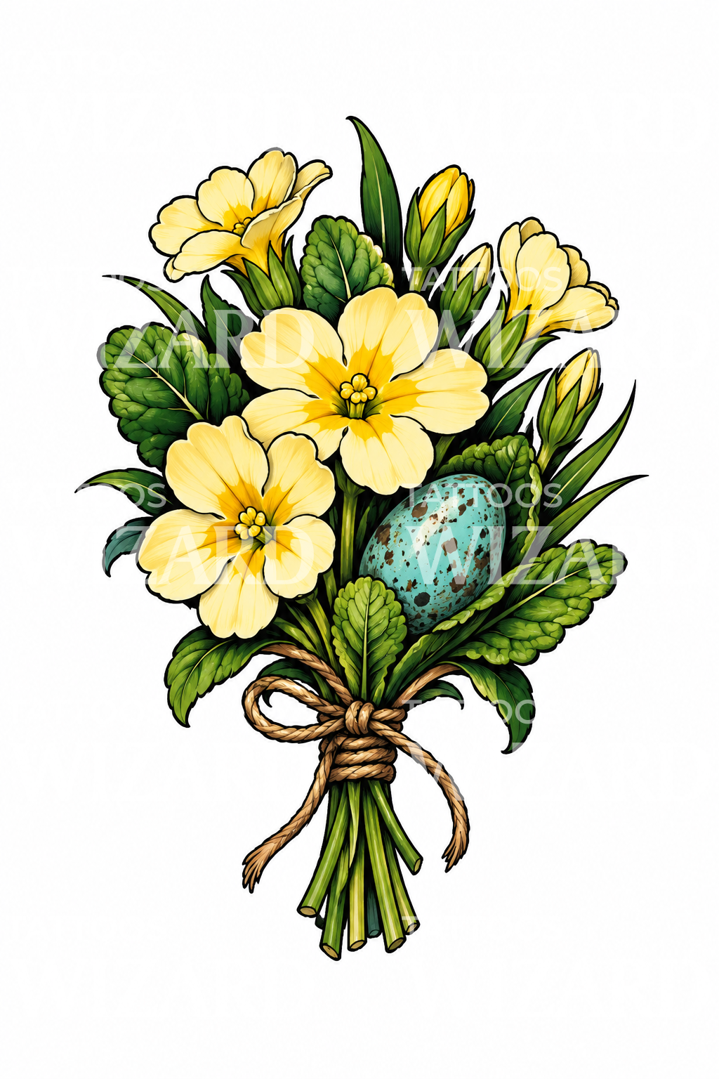 Tattoo med primula-buket og rødkælkæg