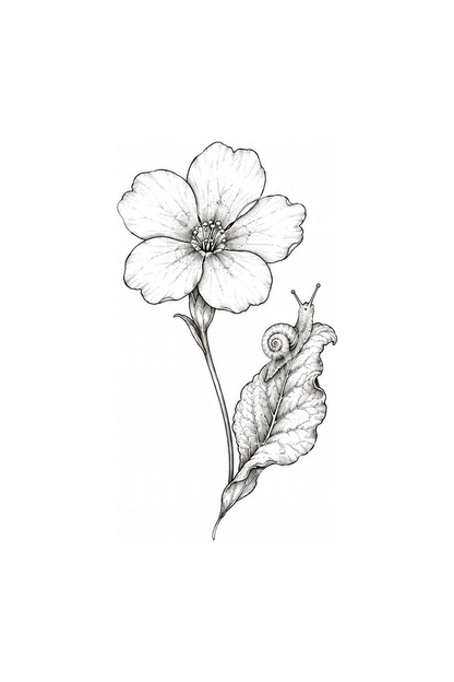 Fine line-tatovering med primula og en lille snegl på et blad