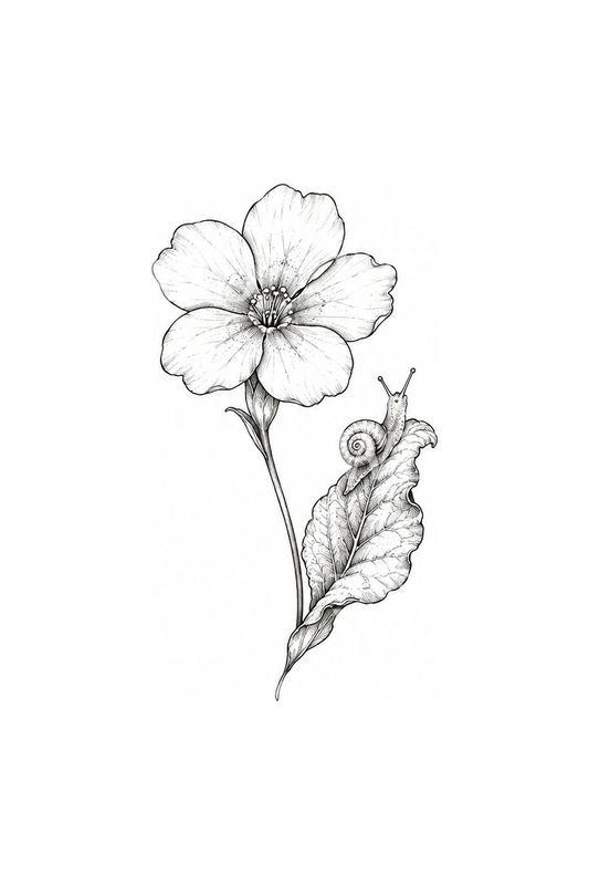 Tatuaggio fine line con primula e una piccola lumaca su una foglia