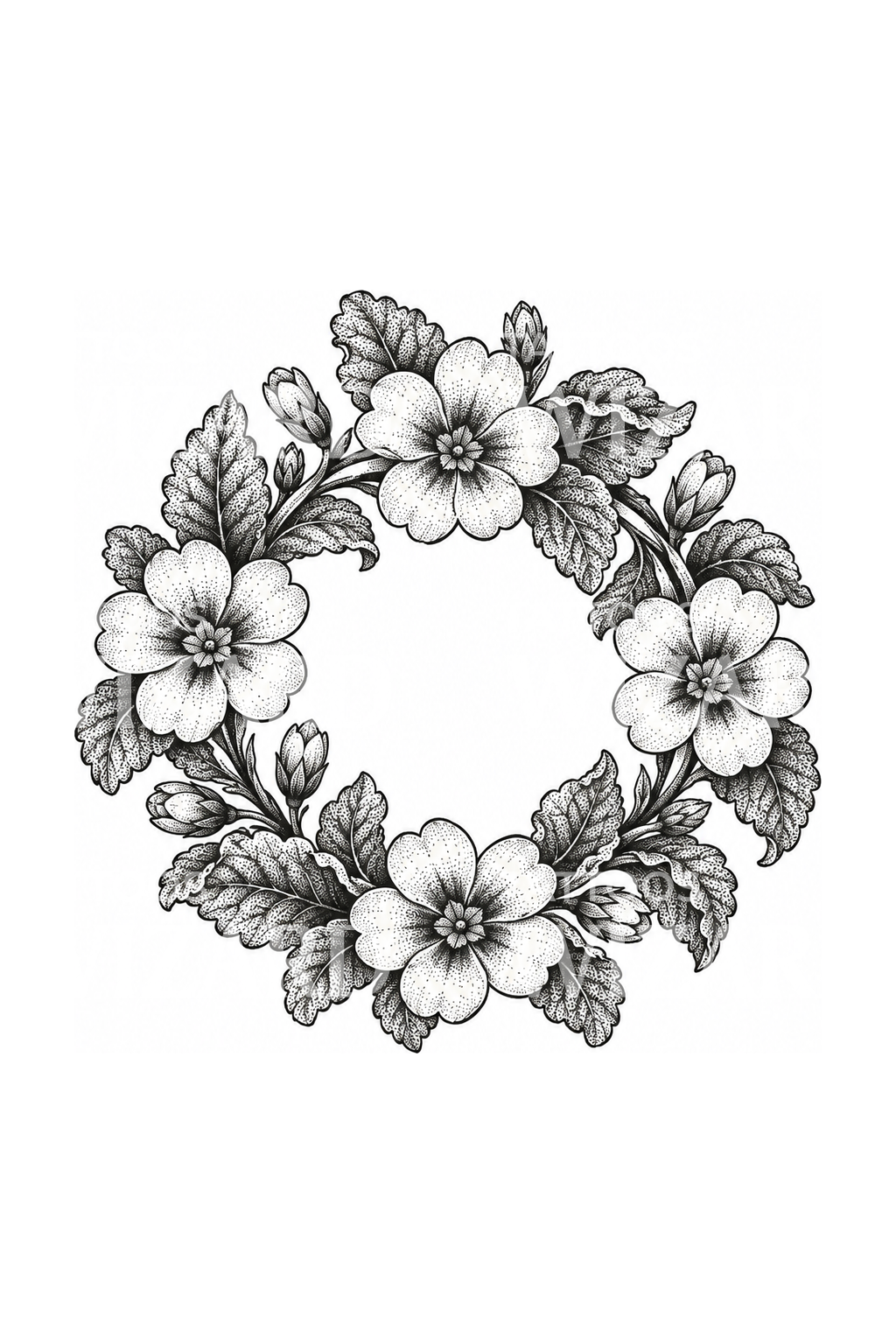 Primrose Wreath Stipple Tattoo Design