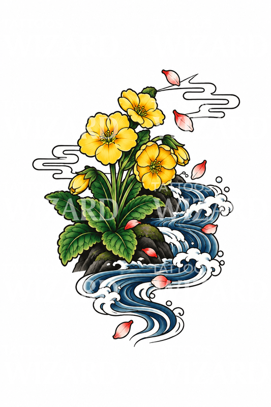 Tatoeageontwerp van sleutelbloemen bij een Japanse beek