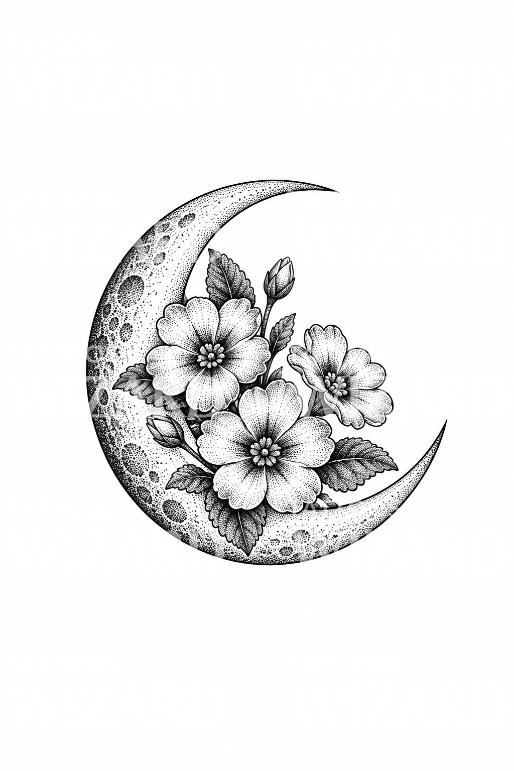 Sleutelbloemen in een maansikkel, dotwork-tatoeage-idee