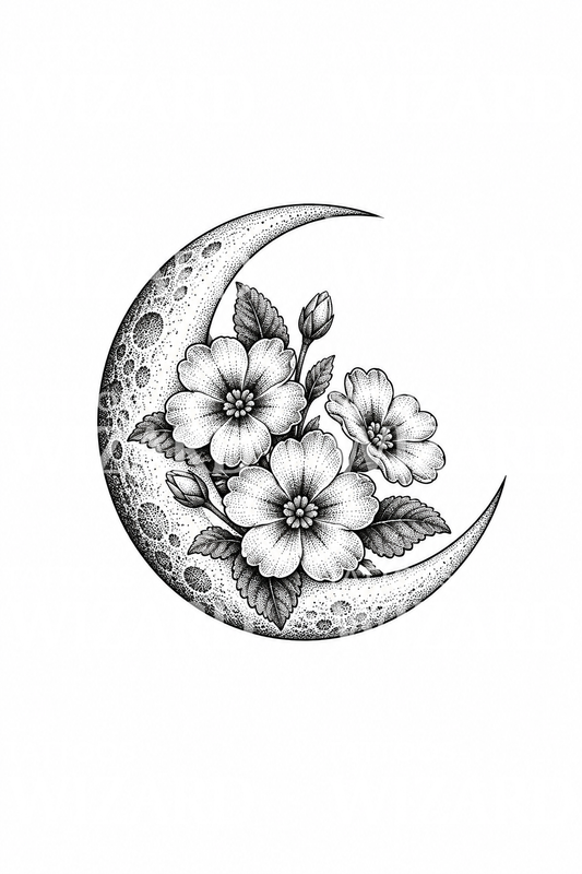 Sleutelbloemen in een maansikkel, dotwork-tatoeage-idee