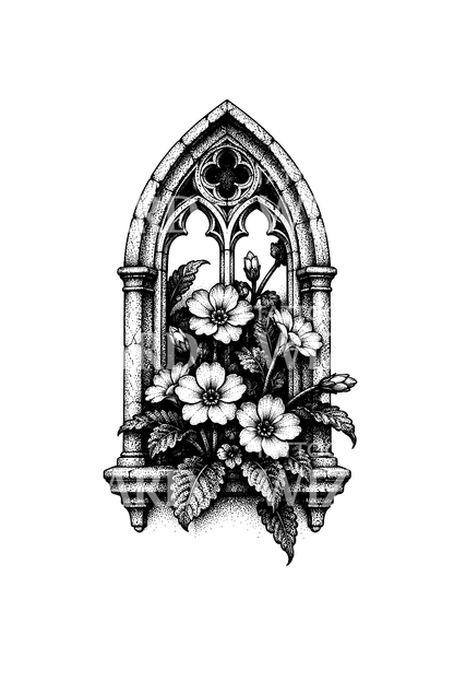 Prímulas en ventana gótica ojival, tatuaje dotwork
