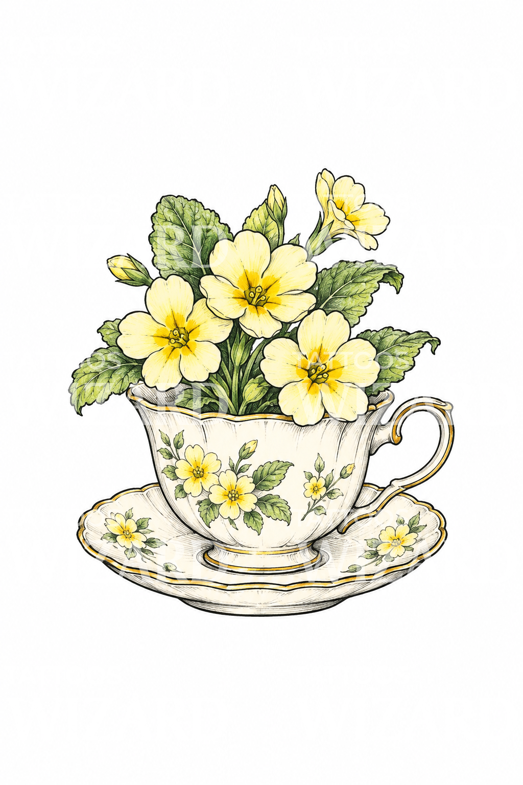Primroses in Vintage Teacup Sketch Tattoo