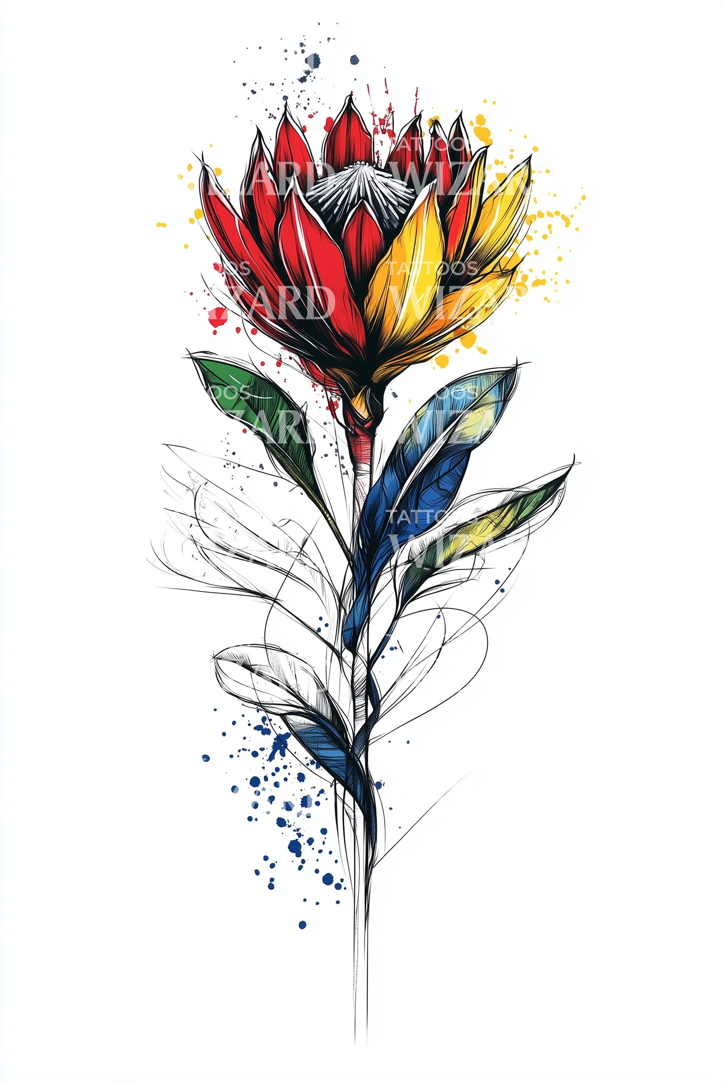 Ilustração de Tatuagem em Aquarela de Caule de Protea