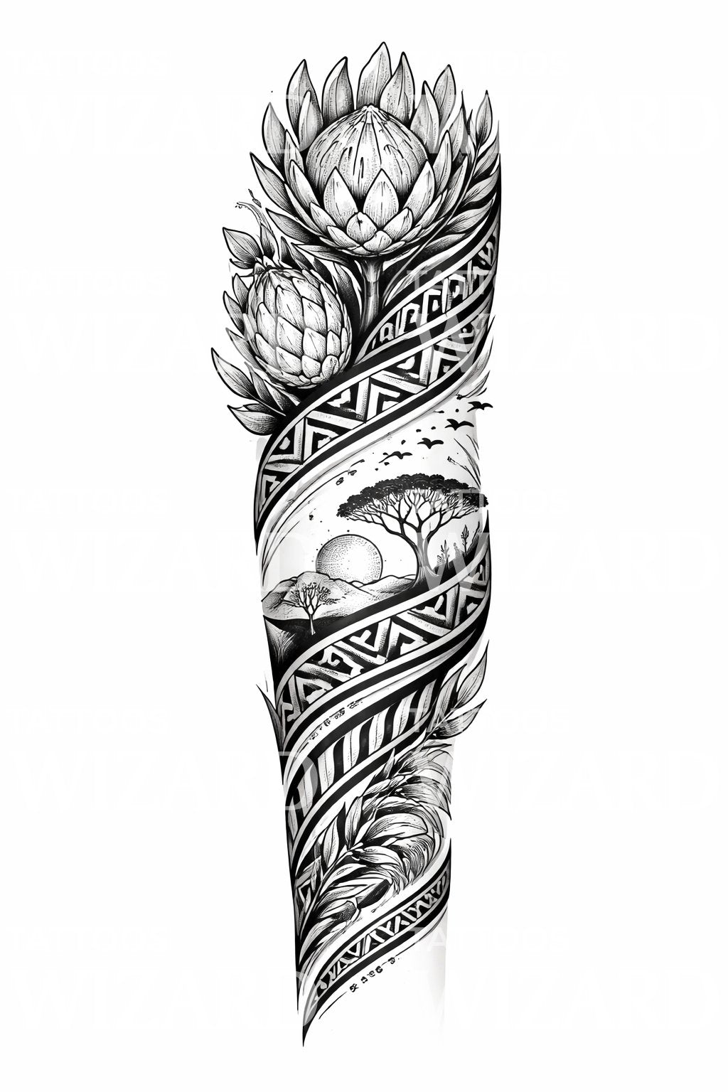 Protea Tribal Sleeve Tattoo Design