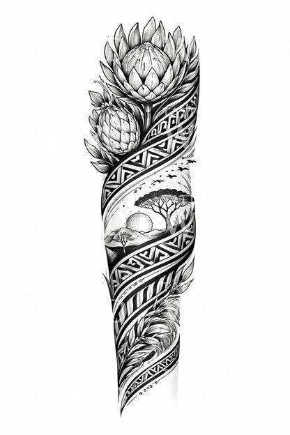 Protea Tribal Sleeve Tattoo Design