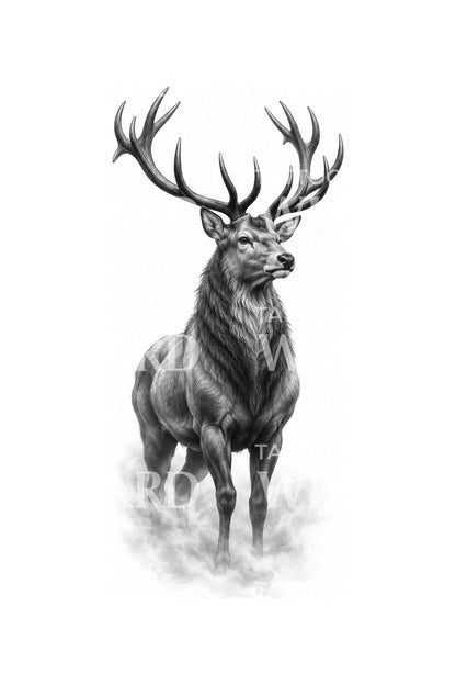 Dumny jeleń stojący we mgle, ilustracja tatuażu