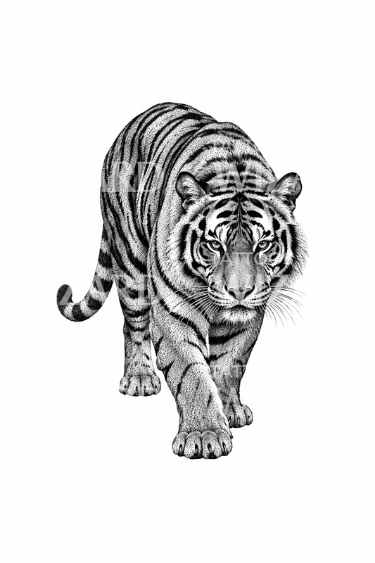 Stipple-tatoveringsillustration af en tiger på jagt