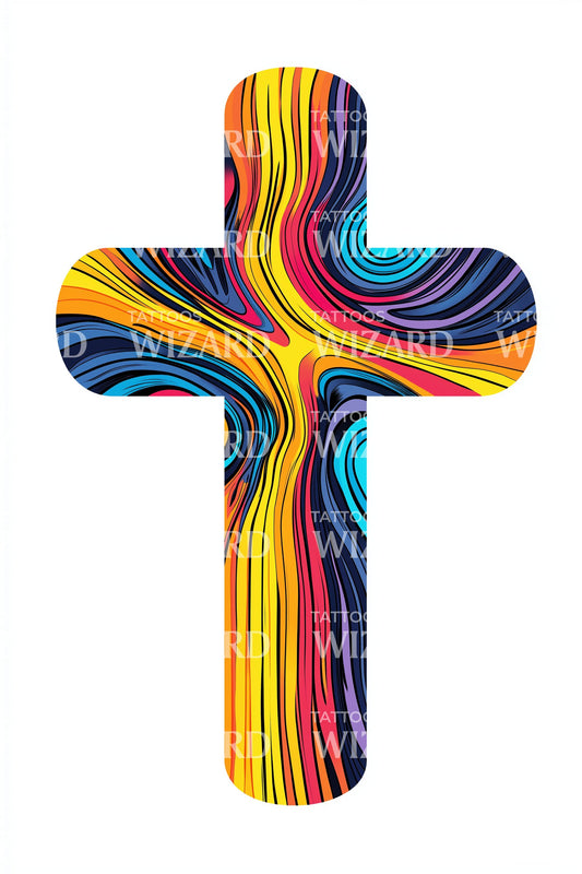 Psychedelic Ribbon Cross Tattoo Design