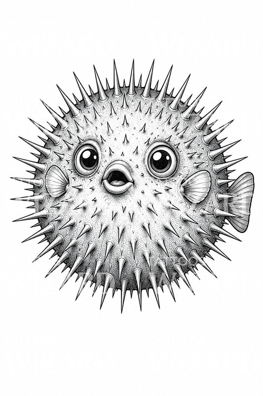 Desenho de Tatuagem de Peixe-Balão Insuflado