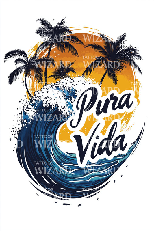 Pura Vida Sunset Wave Tattoo Design