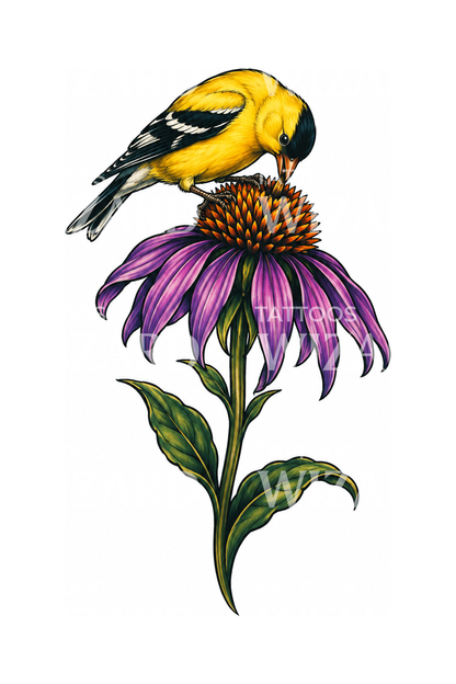 Tatuaggio neo tradizionale di echinacea viola e cardellino