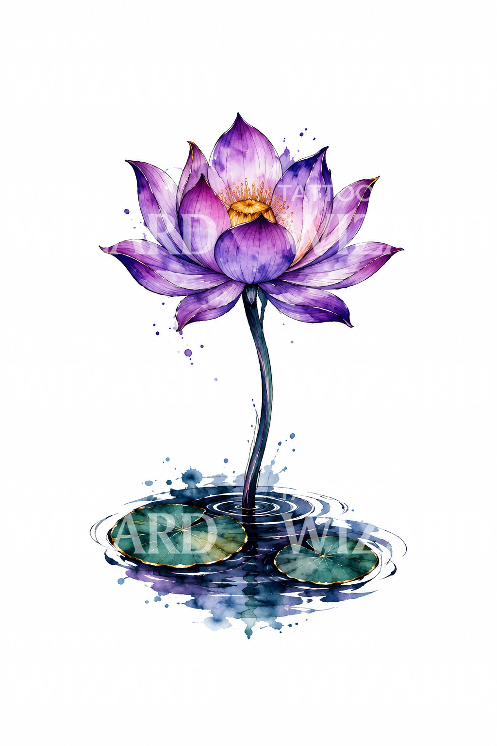 Idea per un tatuaggio ad acquerello di loto viola che emerge dall’acqua scura