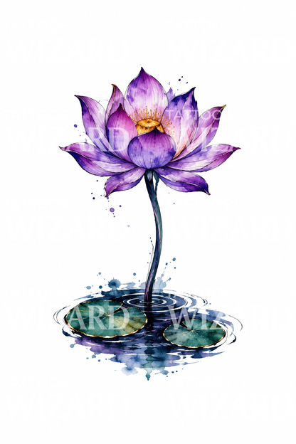 Idea per un tatuaggio ad acquerello di loto viola che emerge dall’acqua scura