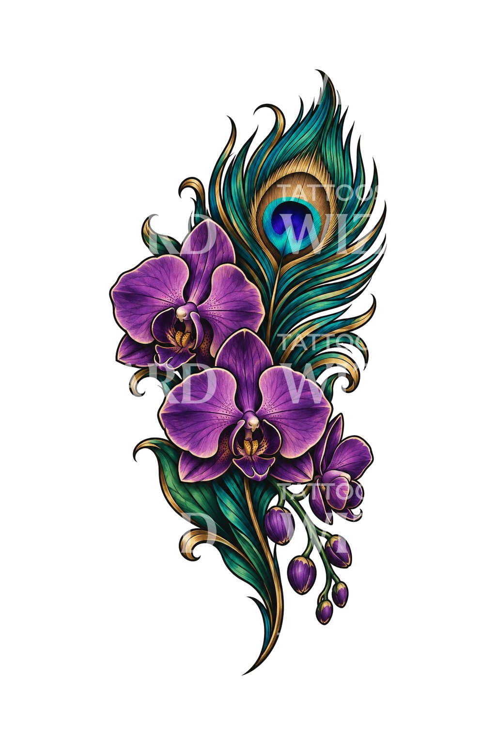 Purple Orchids with Peacock Feather Tattoo Design
