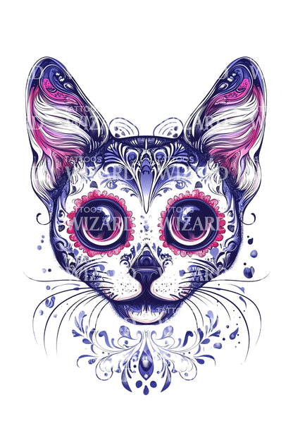 Purple Ornate Cat Face Tattoo Illustration