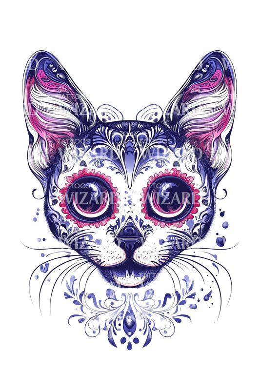 Purple Ornate Cat Face Tattoo Illustration