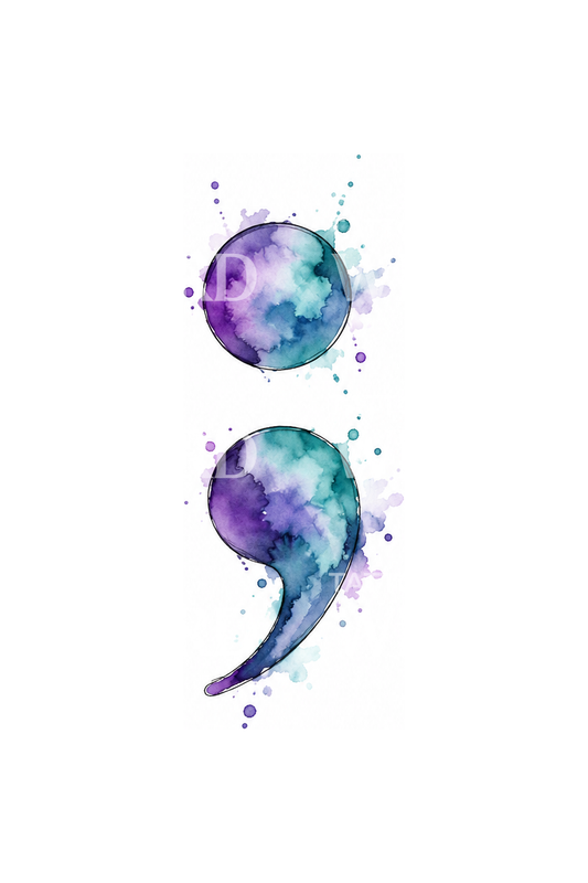 Tatouage point-virgule aquarelle violet et turquoise