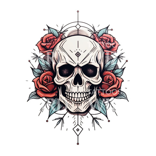 Old School Skull and Roses Tattoo Design