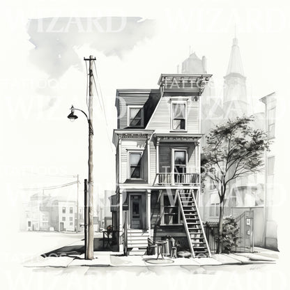 Lovely Townhouse Black and White Tattoo Design