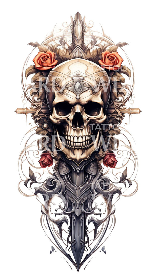 Half Sleeve Skull on a Cross Dagger Tattoo Design