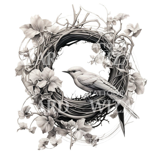 Conception de tatouage de nid d'oiseau noir et gris