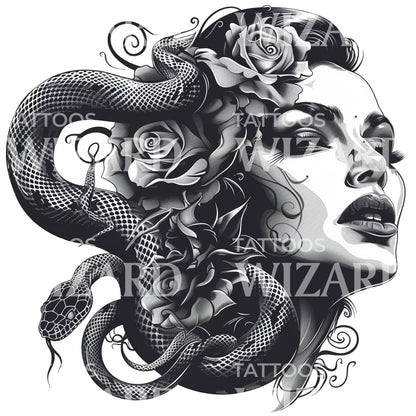 Woman and Snake Hair Tattoo Design